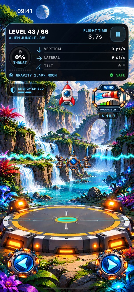 Rocket Landers gameplay with flight-time, thrust and gravity instruments above an alien landing platform.