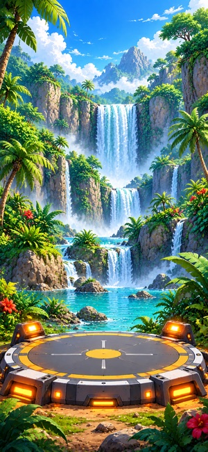 An alien jungle with waterfalls and a rocket landing platform.