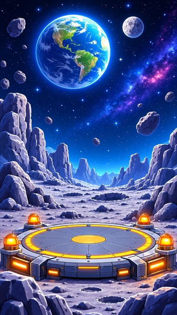 A landing platform on a moon beneath a star-filled sky.