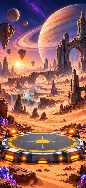 Ancient desert ruins beneath an enormous ringed planet.