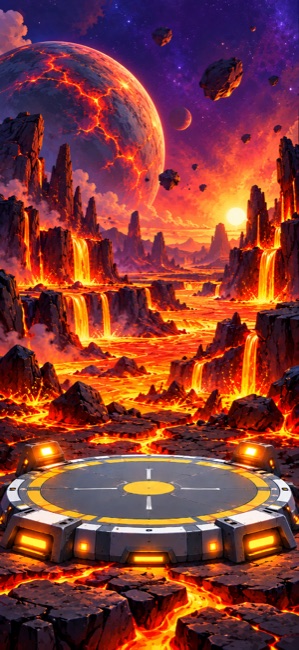 A volcanic world with flowing lava and a glowing planet.
