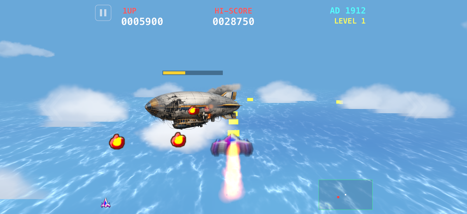 Time Squadron Mode 7 pseudo-3D gameplay — the AD 1912 zeppelin boss