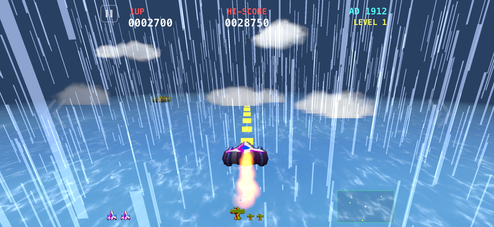 Time Squadron Mode 7 pseudo-3D gameplay — flying through a rainstorm